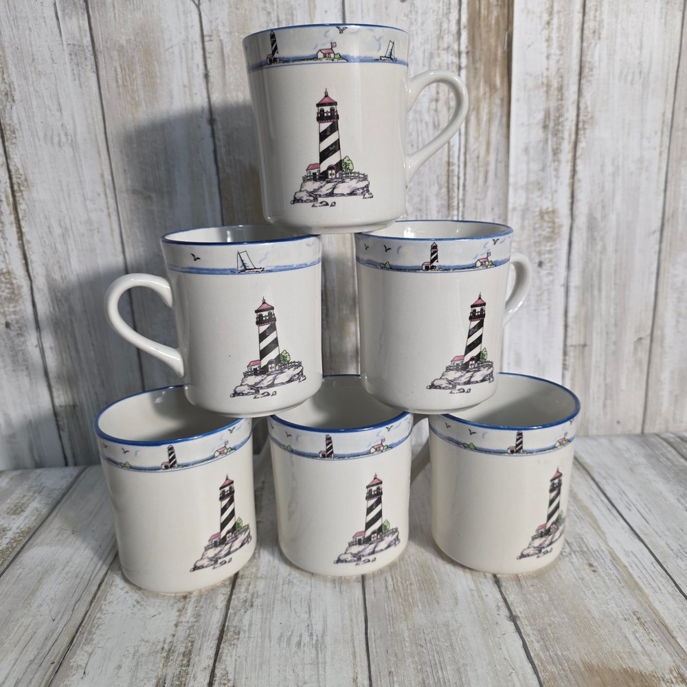 Mainstays Home Lighthouse Coffee Mugs Set of 6 Nautical Coastal Stoneware Cream - Picture 4 of 6